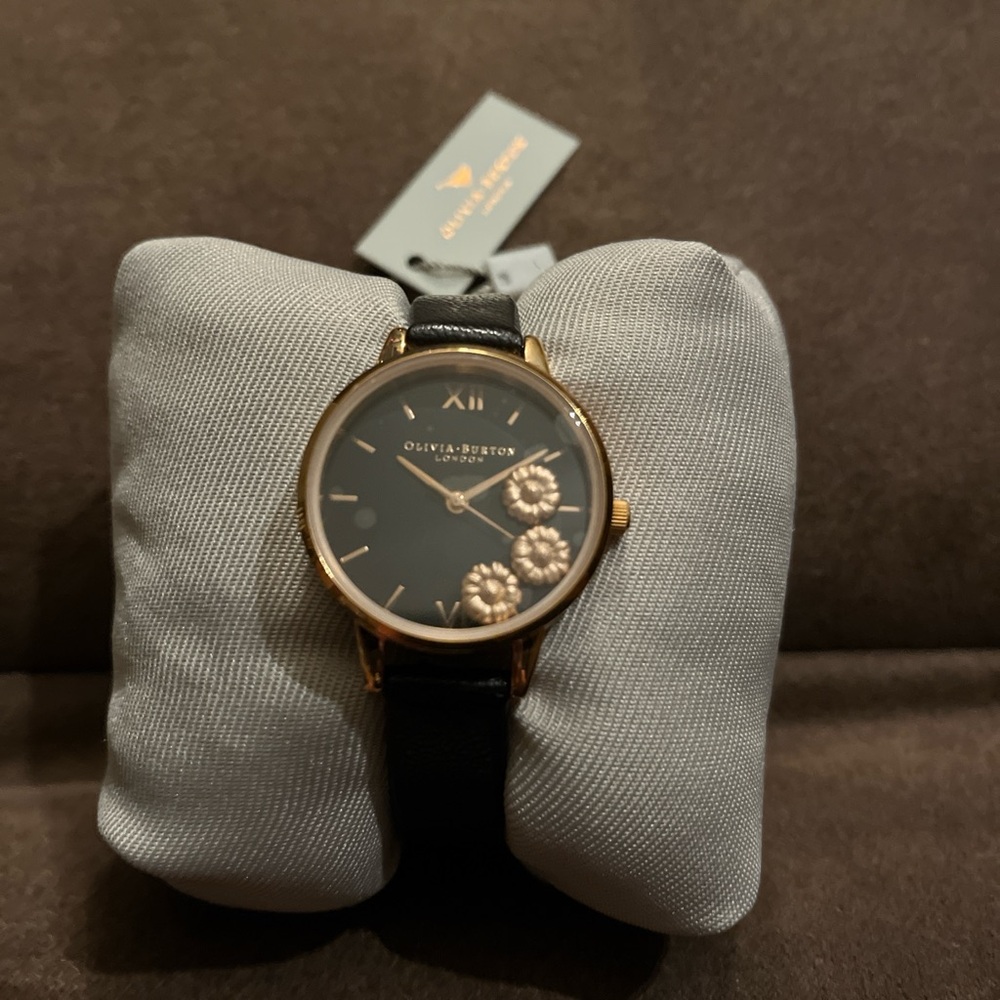 Olivia Burton Dancing Daisies Black and Rose Gold Watch w/ Blk Leather Band